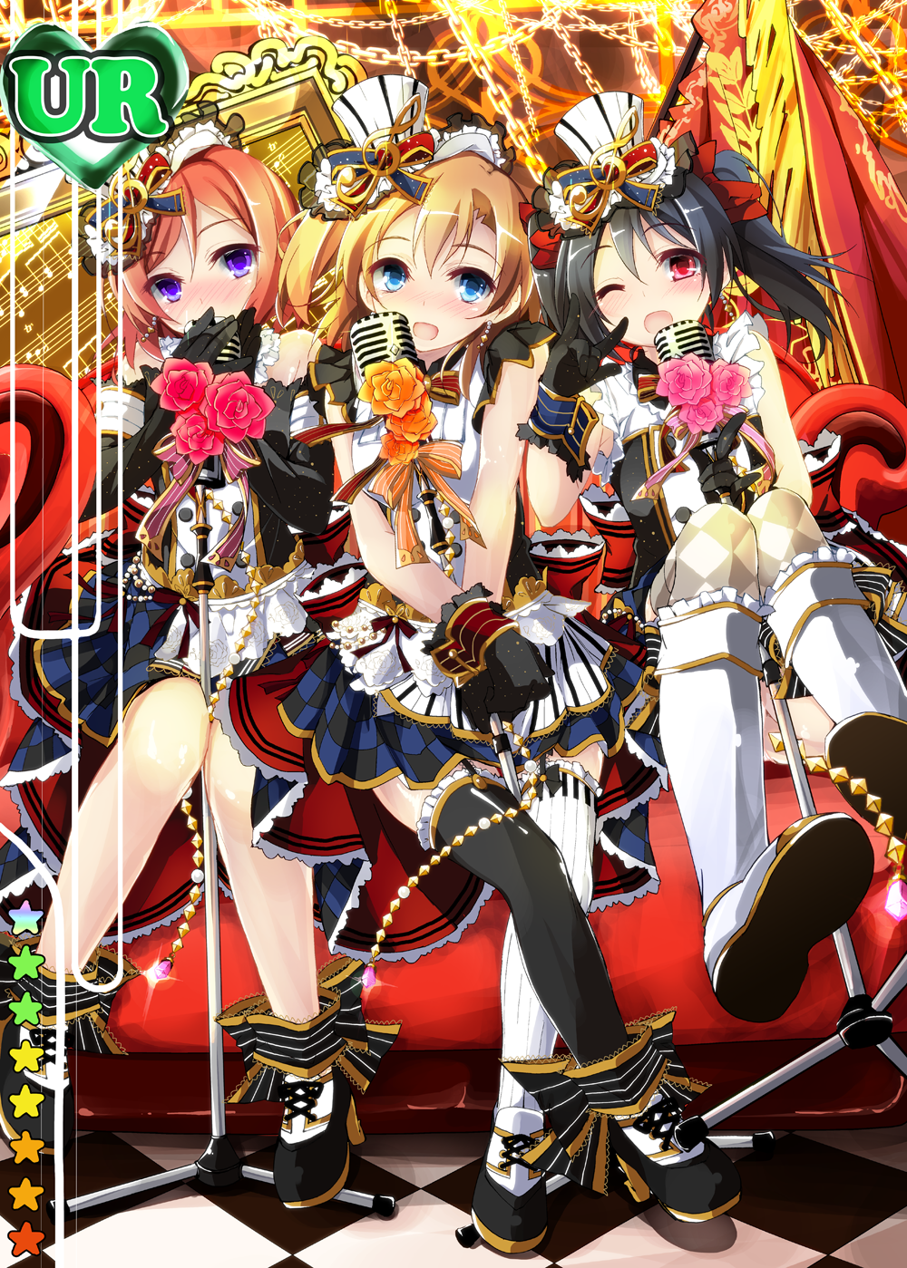 3girls ;o \m/ asymmetrical_legwear bare_shoulders black_gloves black_hair black_legwear blue_eyes blush boots bow card_(medium) chain checkered checkered_legwear double_\m/ elbow_gloves flower gloves hair_bow hat highres looking_at_viewer love_live!_school_idol_festival love_live!_school_idol_project microphone microphone_stand multiple_girls nishikino_maki one_eye_closed orange_hair parody red_eyes redhead short_hair side_ponytail sitting skirt thigh-highs treble_clef twintails violet_eyes white_legwear yagami_shuuichi