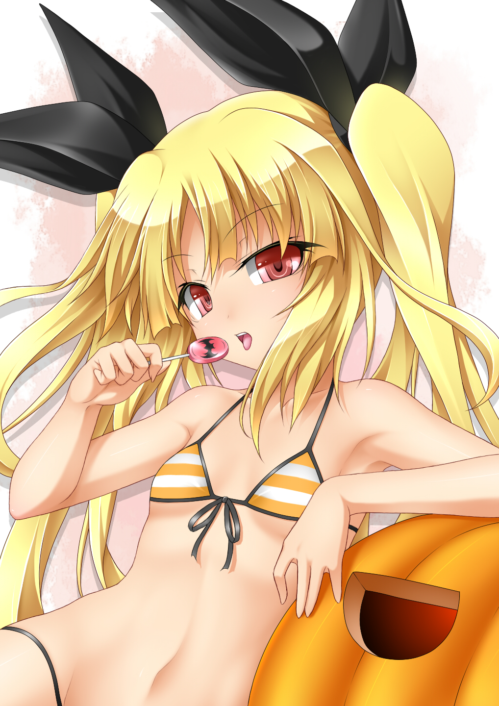 1girl bikini blazblue blonde_hair candy front-tie_top hair_ribbon halloween highres jack-o'-lantern lollipop looking_at_viewer navel open_mouth rachel_alucard red_eyes ribbon roura small_breasts solo striped striped_bikini striped_swimsuit swimsuit tongue tongue_out twintails