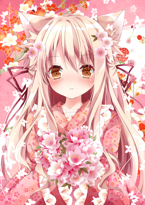 1girl animal_ears blonde_hair blush bouquet brown_eyes bust cat_ears floral_print flower hair_ribbon japanese_clothes kimono long_hair looking_at_viewer nanase_nao original ribbon solo very_long_hair