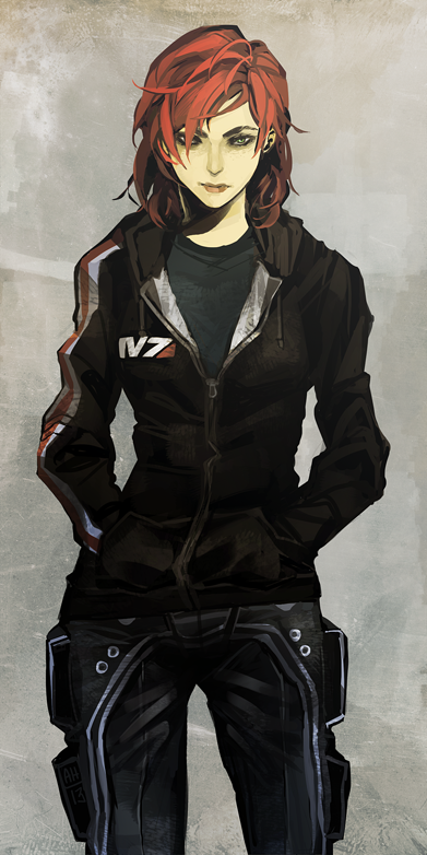 1girl arlmuffin blue_eyes cargo_pants casual commander_shepard commander_shepard_(female) hands_in_pockets hood_down hoodie lips mass_effect messy_hair n7_armor pants redhead short_hair solo