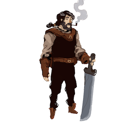1boy artist_request children_of_morta john_bergson lowres male_focus official_art simple_background smoking_pipe solo standing sword weapon white_background