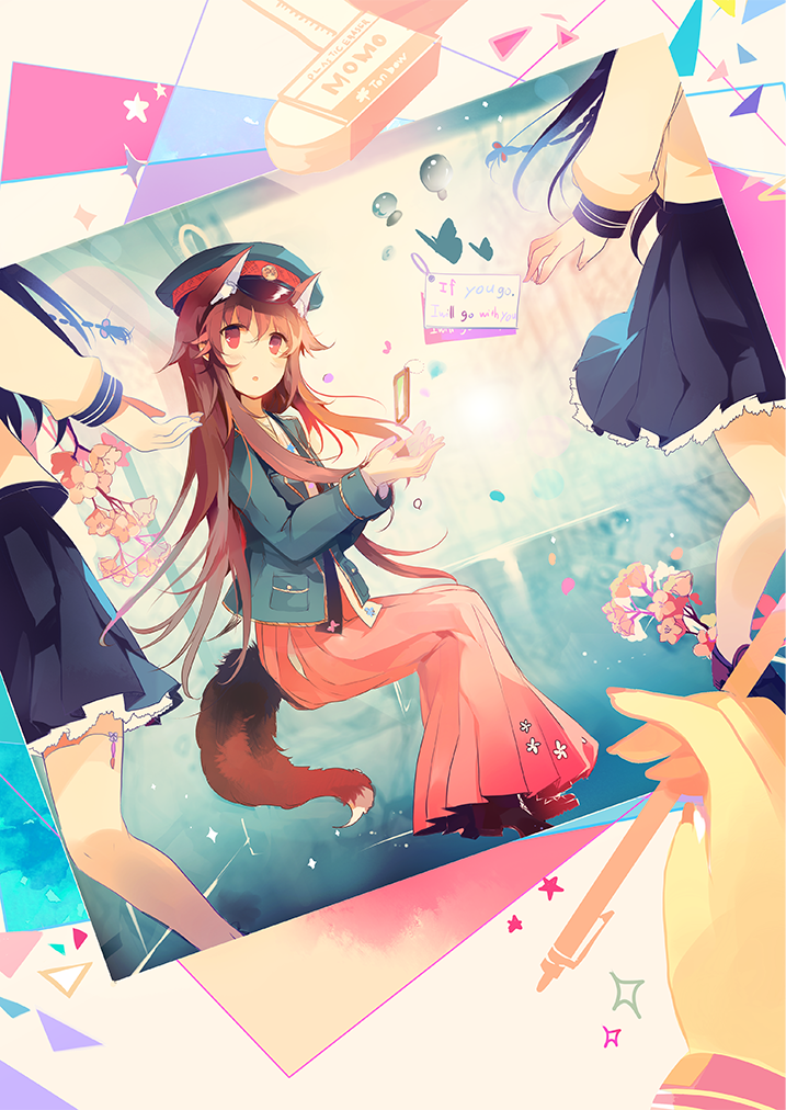 3girls animal_ears brown_hair eraser hat kirero long_hair looking_at_viewer multiple_girls original out_of_frame peaked_cap pen photo_(object) pleated_skirt pov red_eyes school_uniform skirt tail wolf_ears wolf_tail