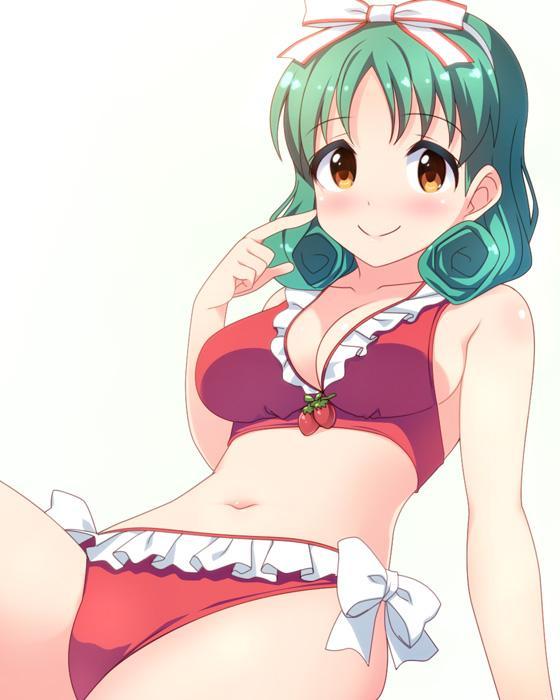 1girl arm_support bikini blush breasts brown_hair curly_hair finger_to_face food frilled_bikini frills fruit fujimiya_yuu green_hair hairband idolmaster idolmaster_million_live! looking_at_viewer navel red_bikini short_hair smile solo strawberry swimsuit tokugawa_matsuri