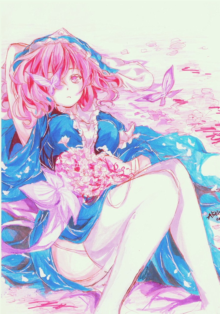 1girl alitia artist_name breasts butterfly dated dress expressionless flower garter_straps hand_on_head highres japanese_clothes juliet_sleeves kimono knees_together_feet_apart long_sleeves looking_at_viewer lying marker_(medium) mob_cap moon on_back pink_eyes pink_hair puffy_sleeves raised_hand saigyouji_yuyuko sash short_hair solo thigh-highs touhou traditional_media triangular_headpiece white_legwear wide_sleeves
