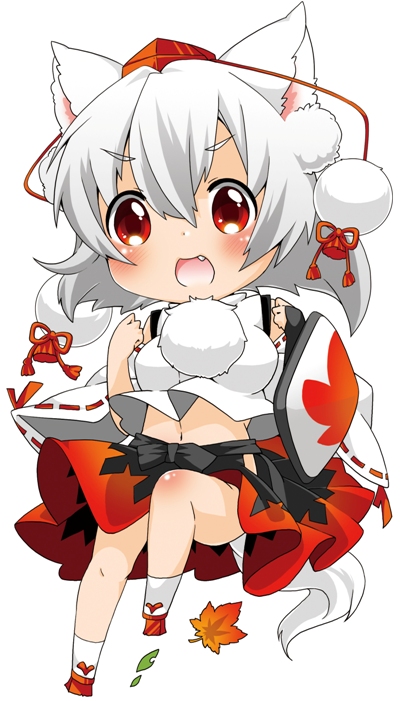 1girl animal_ears berry_jou chibi detached_sleeves fang hat inubashiri_momiji leaf looking_at_viewer maple_leaf open_mouth red_eyes shield short_hair silver_hair simple_background skirt smile solo tail tokin_hat touhou white_background wolf_ears wolf_tail