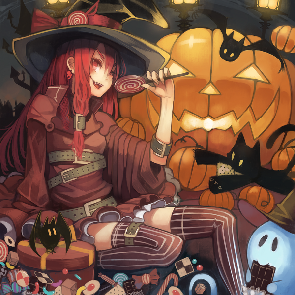 &gt;:d 1girl :d bat candy cat ghost halloween hat holding jack-o'-lantern lollipop long_hair looking_at_viewer open_mouth original red_eyes redhead sitting smile window1228 witch_hat