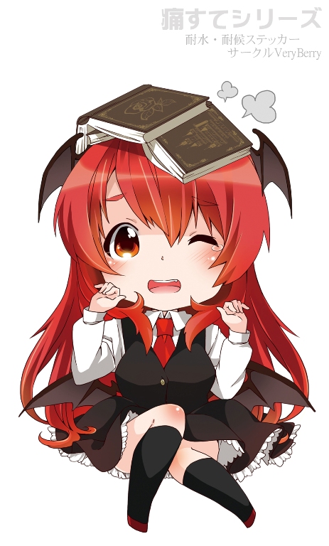 1girl bat_wings berry_jou book book_on_head chibi head_wings koakuma long_hair looking_at_viewer object_on_head one_eye_closed open_mouth red_eyes redhead simple_background smile solo touhou white_background wings