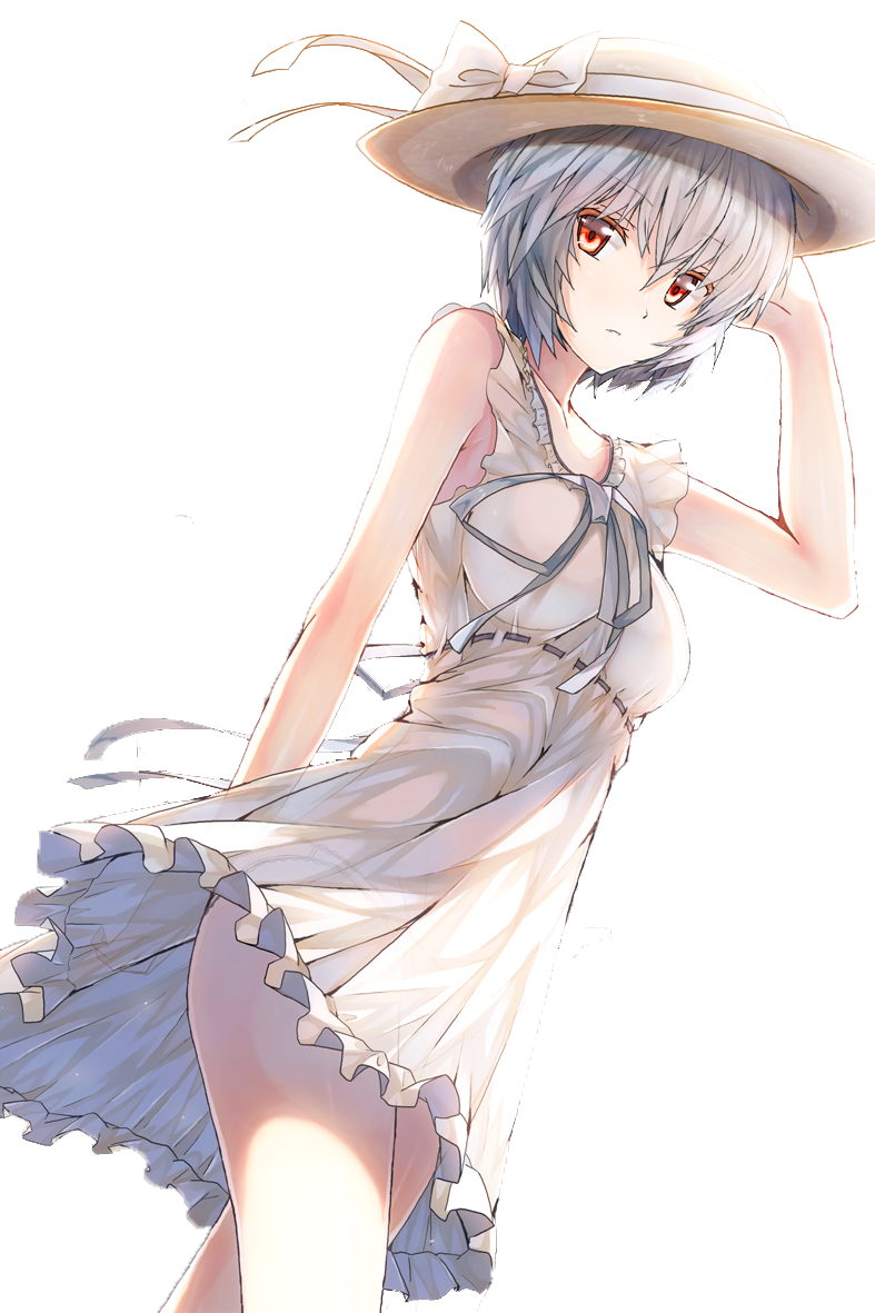 1girl ayanami_rei blue_hair breasts collarbone dress hand_on_head hat looking_at_viewer neon_genesis_evangelion panties red_eyes render see-through see-through_silhouette solo underwear