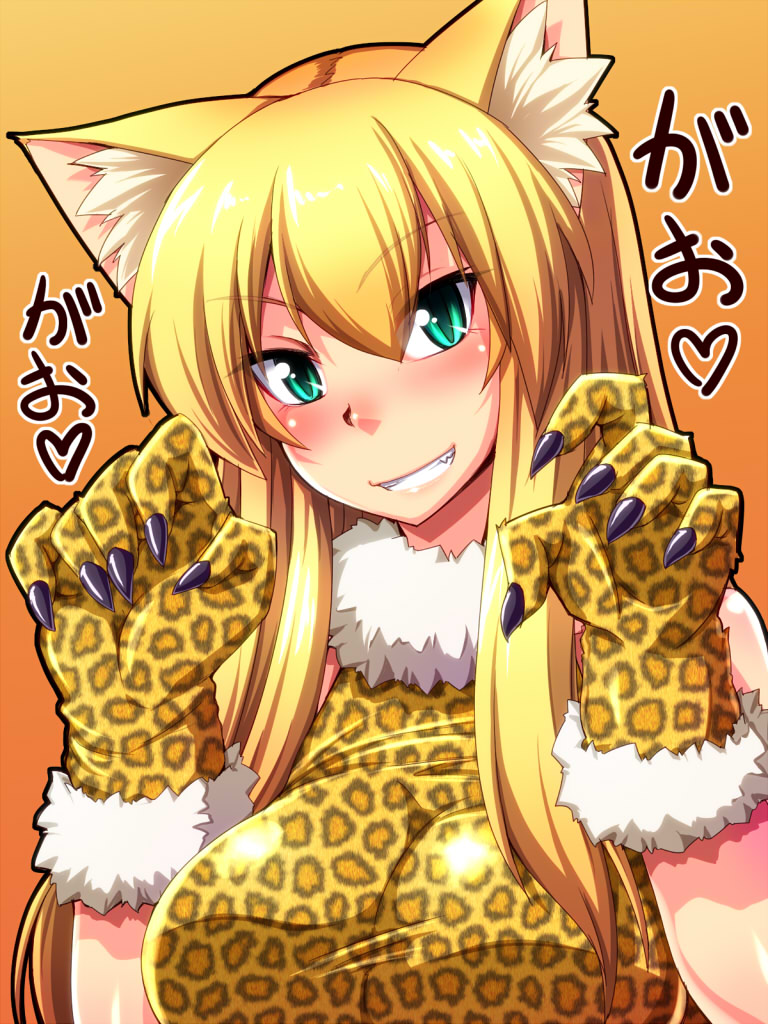 1girl animal_ears aqua_eyes blush breasts bust cat_ears cat_gloves fur_trim gloves grin leopard_print long_hair looking_at_viewer nokoppa original paw_pose shiny shiny_clothes smile solo taut_clothes yellow_gloves