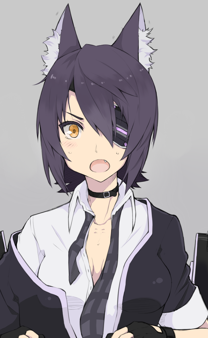 1girl breasts choker eyepatch fang fingerless_gloves gloves gomashi_(goma) highres kantai_collection kemonomimi_mode looking_at_viewer necktie open_mouth purple_hair school_uniform short_hair sweat tenryuu_(kantai_collection) unbuttoned yellow_eyes