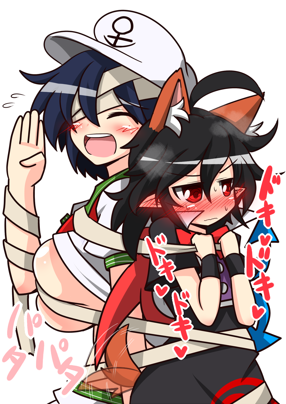 2girls @_@ animal_ears bandages black_dress black_hair blue_hair blush bow breast_press breasts closed_eyes costume dress entangled fox_ears fox_tail full-face_blush grabbing hat highres houjuu_nue kemonomimi_mode large_breasts multiple_girls mummy murasa_minamitsu open_mouth raised_hand red_eyes ribbon rindou_(p41neko) sailor_collar sailor_hat shorts simple_background smile sweat tagme tail tail_wagging touhou wavy_mouth white_background wings wrist_cuffs