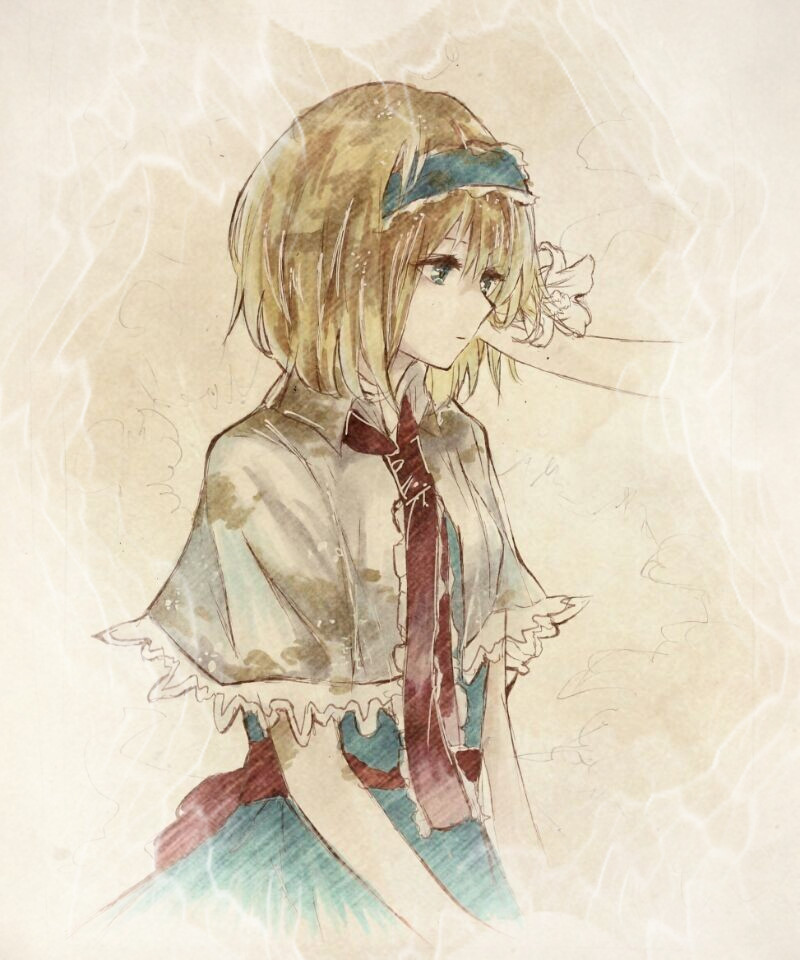 1girl alice_margatroid alitia blonde_hair capelet dress face_hold flower green_eyes hairband holding marker_(medium) neck_ribbon ribbon sash short_hair solo touhou traditional_media