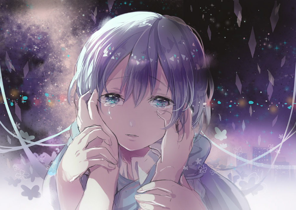 1girl abstract_background building bust crying dark hand_on_another's_face hands_on_another's_face light_particles lips looking_at_viewer looking_up original out_of_frame pov purple_hair sakuragi_kei short_hair solo_focus tears