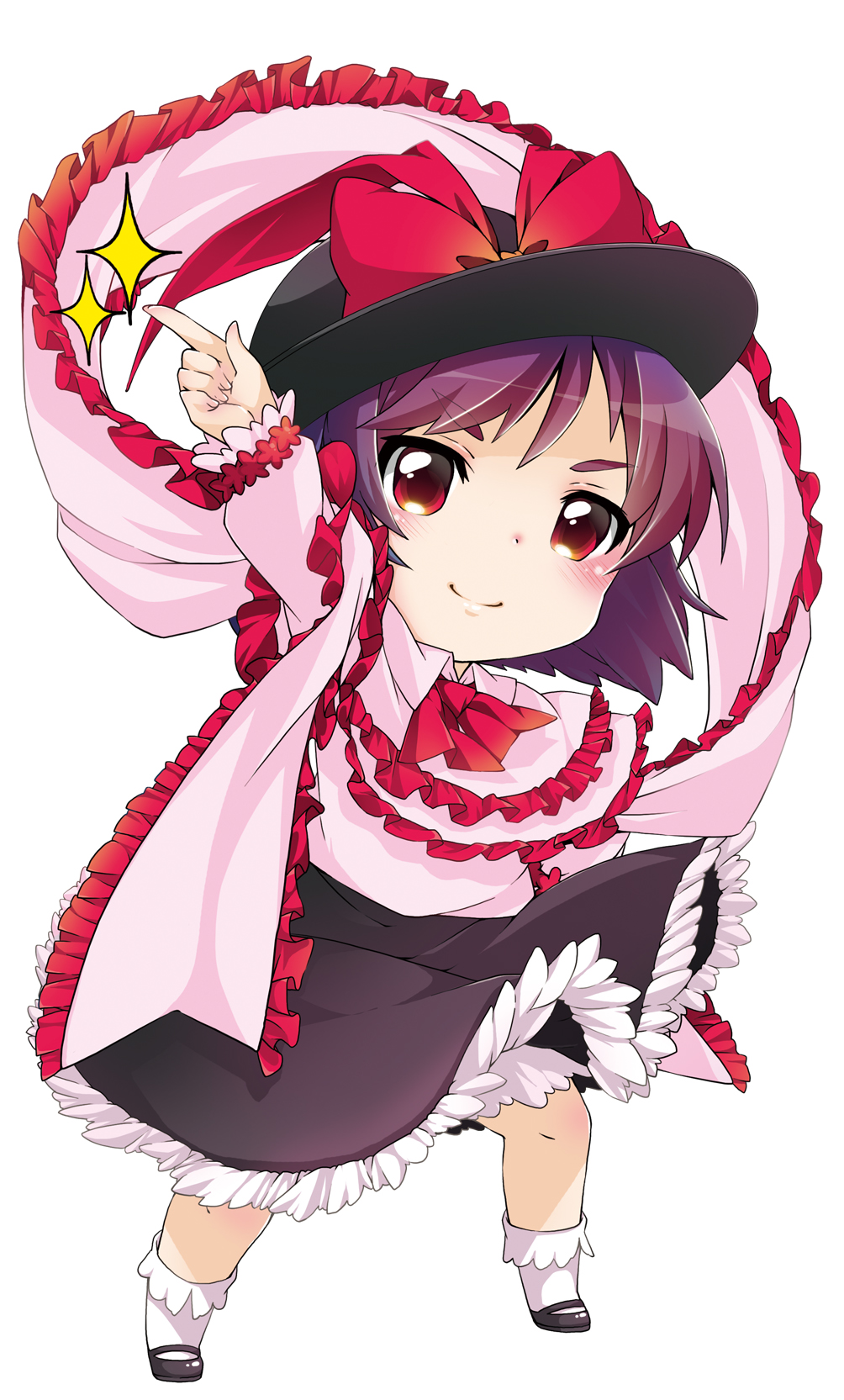 1girl berry_jou bow chibi frills hand_on_hip hat highres looking_at_viewer nagae_iku pointing pointing_up purple_hair red_eyes ribbon saturday_night_fever shawl short_hair simple_background skirt smile solo sparkle touhou white_background
