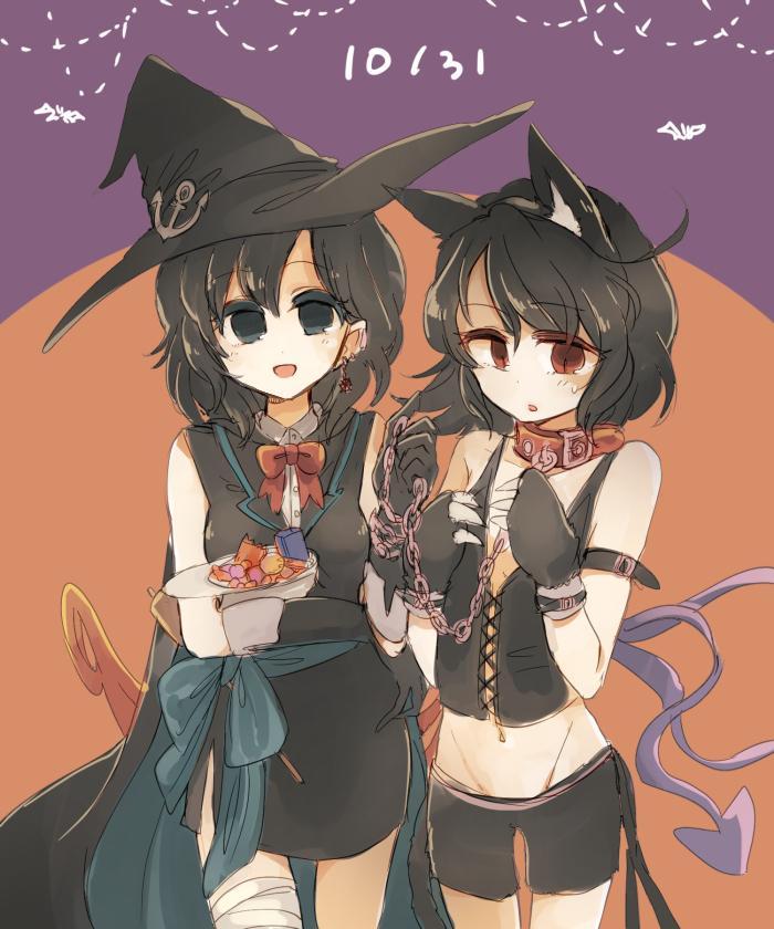 2girls alternate_costume alternate_headwear animal_ears asymmetrical_hair asymmetrical_wings bandages black_dress black_gloves black_hair blue_eyes blush bow cape cat_ears chain dated dress earrings gloves halloween hat hisona_(suaritesumi) houjuu_nue jewelry kemonomimi_mode leash looking_at_viewer midriff multiple_girls murasa_minamitsu navel open_mouth pants paws red_eyes ribbon sash shirt short_hair simple_background sleeveless smile sweatdrop touhou vest wings witch_hat