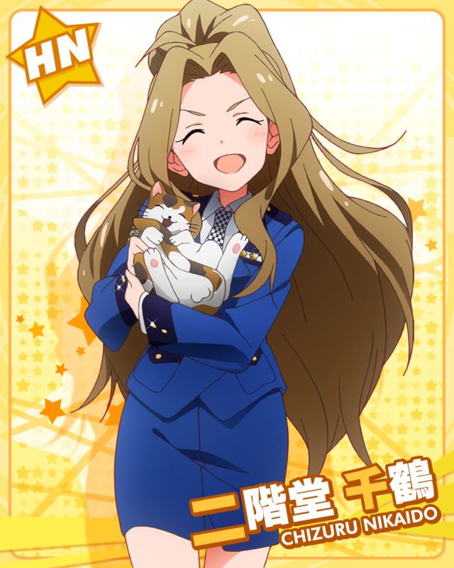 blush brown_hair cat character_name closed_eyes idolmaster idolmaster_million_live! long_hair nikaido_chizuru police smile