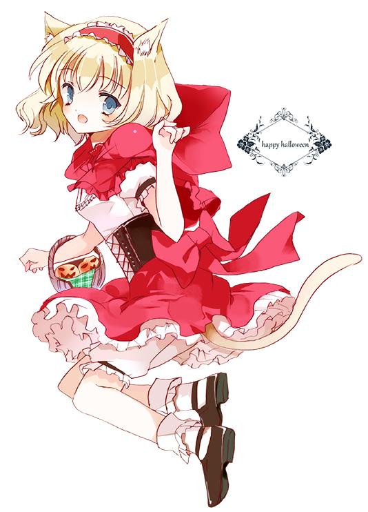 1girl alice_margatroid alternate_costume animal_ears basket blonde_hair bloomers blue_eyes capelet cat_ears cat_tail cierra_(ra-bit) cosplay dress frilled_dress frills full_body hairband halloween hood jack-o'-lantern kemonomimi_mode little_red_riding_hood_(cosplay) lolita_hairband looking_at_viewer open_mouth puffy_sleeves ribbon shoes short_hair short_sleeves simple_background socks solo tail text touhou underwear white_background white_legwear