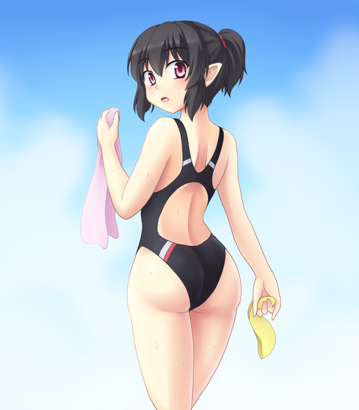 1girl alternate_costume alternate_hairstyle ass black_hair blush competition_swimsuit gomi_(gomitin) looking_at_viewer looking_back one-piece_swimsuit pointy_ears ponytail red_eyes shameimaru_aya short_hair solo swimsuit touhou