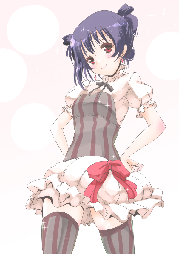 1girl character_request frapowa hands_on_hips love_live!_school_idol_project purple_hair red_eyes short_hair smile solo striped striped_legwear thigh-highs vertical-striped_legwear vertical_stripes