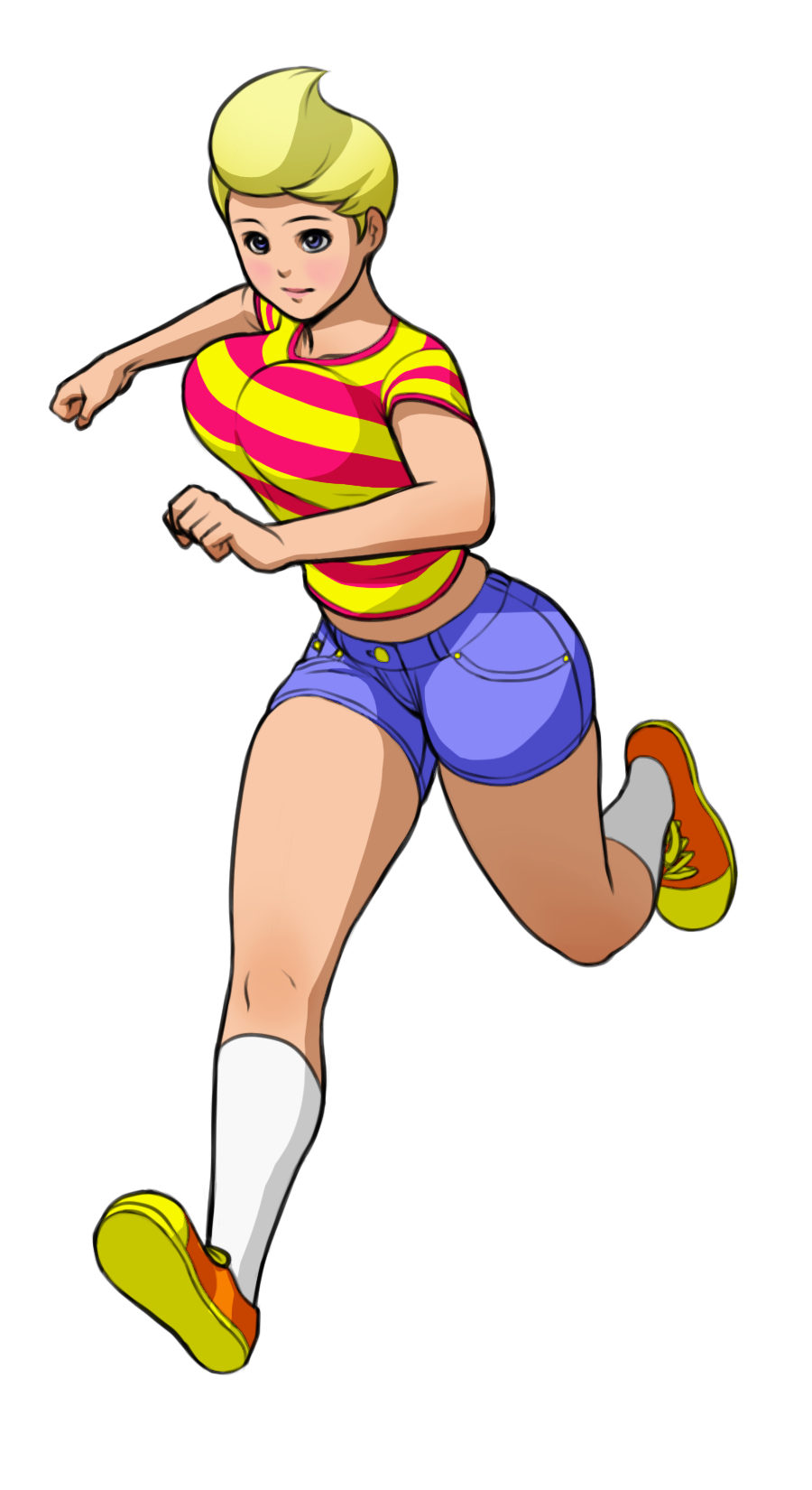 1girl blonde_hair blue_eyes bouncing_breasts breasts denim denim_shorts genderswap highres large_breasts lucas mother_(game) mother_3 nikcesco running shoes short_hair shorts sneakers socks solo striped t-shirt unaligned_breasts