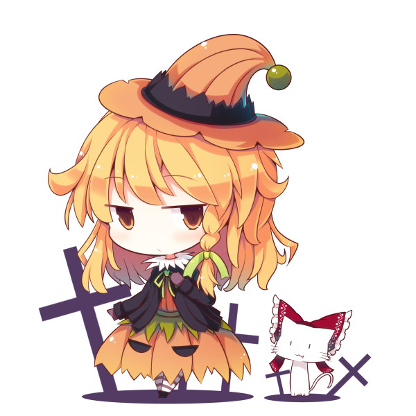 1girl :3 beni_shake blonde_hair bow braid cat cross crucifix fang hair_bow hakurei_reimu halloween halloween_costume hat kirisame_marisa pumpkin_skirt shirt single_braid skirt touhou witch_hat yellow_eyes