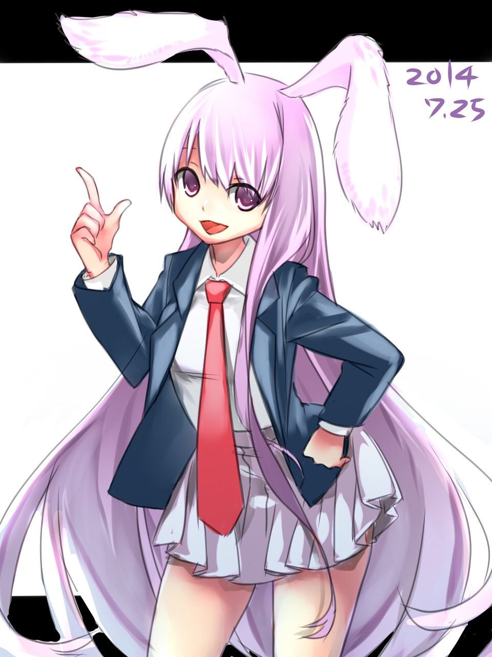 1girl animal_ears blazer dated hand_on_hip highres long_hair namauni necktie open_mouth pointing pointing_up purple_hair rabbit_ears red_eyes reisen_udongein_inaba skirt smile solo touhou very_long_hair