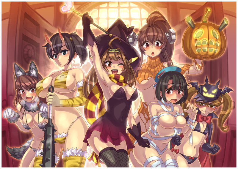 6+girls :d :o ;d alternate_costume animal_ears arm_up ashigara_(kantai_collection) black_gloves blue_eyes blush breast_envy breast_hold breasts brown_eyes brown_hair cleavage club elbow_gloves fake_animal_ears fang fishnet_legwear fishnets fur_collar fur_trim gloves halloween hat jack-o'-lantern kaga_(kantai_collection) kantai_collection kongou_(kantai_collection) large_breasts mimonel multiple_girls one_eye_closed open_mouth paw_pose ponytail red_eyes ribbed_sweater ryuujou_(kantai_collection) scar side_ponytail smile sweatdrop sweater takao_(kantai_collection) thigh-highs tiger_print twintails under_boob visor_cap wand weapon witch_hat yamato_(kantai_collection)
