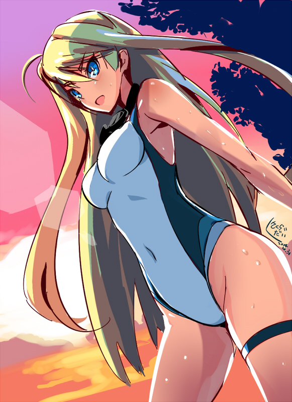 1girl ahoge beach blonde_hair blue_eyes blush competition_swimsuit covered_navel goggles goggles_around_neck hanna-justina_marseille long_hair maccyon ocean one-piece_swimsuit open_mouth outdoors solo strike_witches sunset swimsuit taut_clothes taut_swimsuit tree very_long_hair water wet