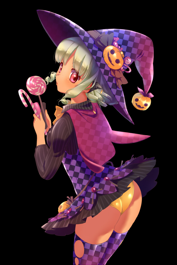 1girl ass black_background blonde_hair bow candy capelet checkered checkered_hat checkered_legwear cowboy_shot drill_hair halloween hat hat_bow jack-o'-lantern kawagoe_pochi lollipop looking_at_viewer original panties pink_eyes pinstripe_pattern purple_legwear short_hair skirt solo thigh-highs underwear witch_hat yellow_panties