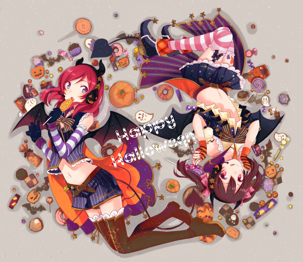 2girls :o :q bat_wings black_hair boots bow candy cape cookie demon_tail detached_sleeves food hair_bow halloween headset horns lollipop love_live!_school_idol_project lunica midriff multiple_girls navel nishikino_maki open_mouth pointed_boots pumpkin red_eyes redhead rotational_symmetry short_hair shorts skirt striped striped_legwear tail thigh-highs thigh_boots tongue tongue_out twintails violet_eyes wings yazawa_nico