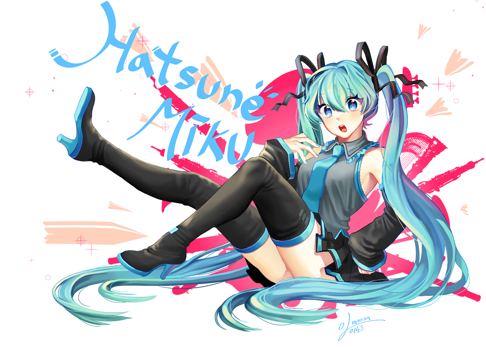 1girl 2014 aqua_hair blue_eyes boots character_name dated detached_sleeves hair_ribbon hatsune_miku high_heels iso1206 long_hair looking_at_viewer nail_polish necktie open_mouth ribbon sitting skirt solo thigh-highs thigh_boots twintails very_long_hair vocaloid