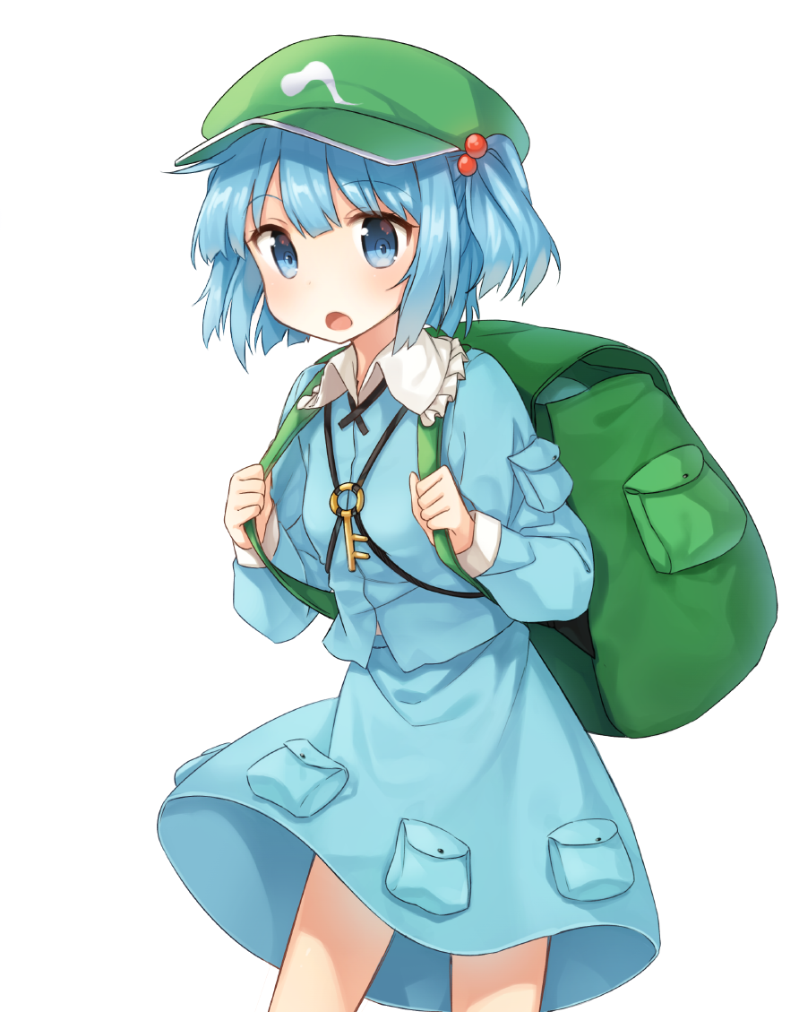 1girl backpack bag blue_eyes blue_hair blush hair_bobbles hair_ornament hat kawashiro_nitori key long_sleeves looking_at_viewer open_mouth shinoba shirt short_hair simple_background skirt solo touhou twintails vest white_background