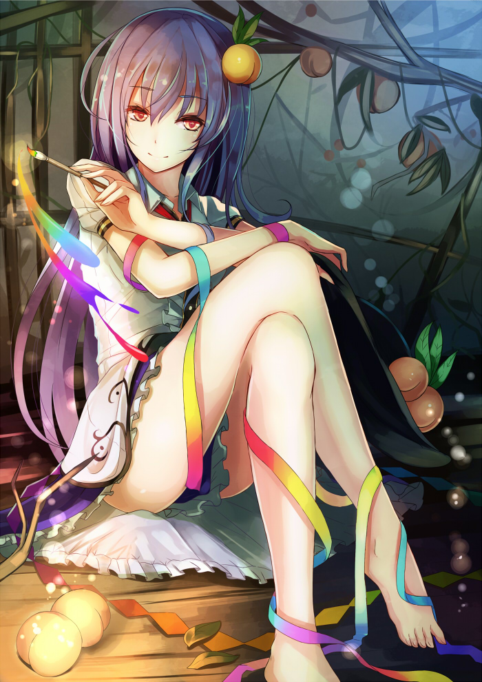 1girl barefoot blue_hair colorful food frills fruit hair_ornament hat hat_removed headwear_removed hinanawi_tenshi leaf long_hair looking_at_viewer on_floor paintbrush peach puffy_sleeves red_eyes ribbon shirt short_sleeves sitting skirt smile solo touhou vest zeb_nakaichi