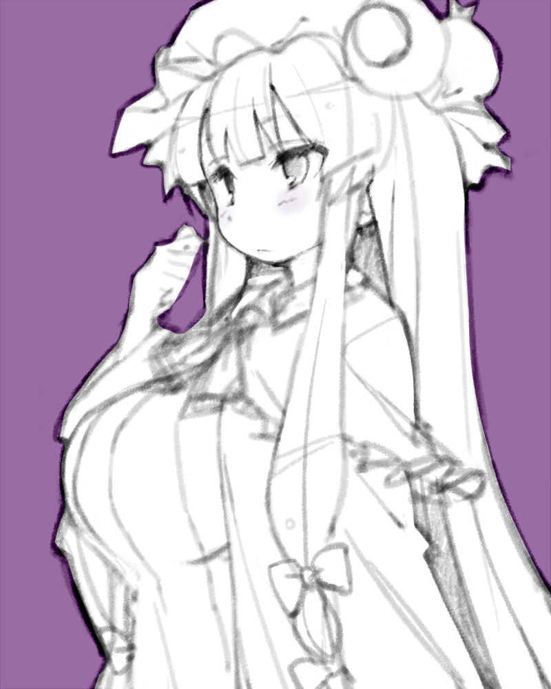 bow breasts crescent_hair_ornament frown hair_bow hair_ornament large_breasts light_frown long_hair low-tied_long_hair mob_cap monochrome patchouli_knowledge sala_mander sketch touhou very_long_hair