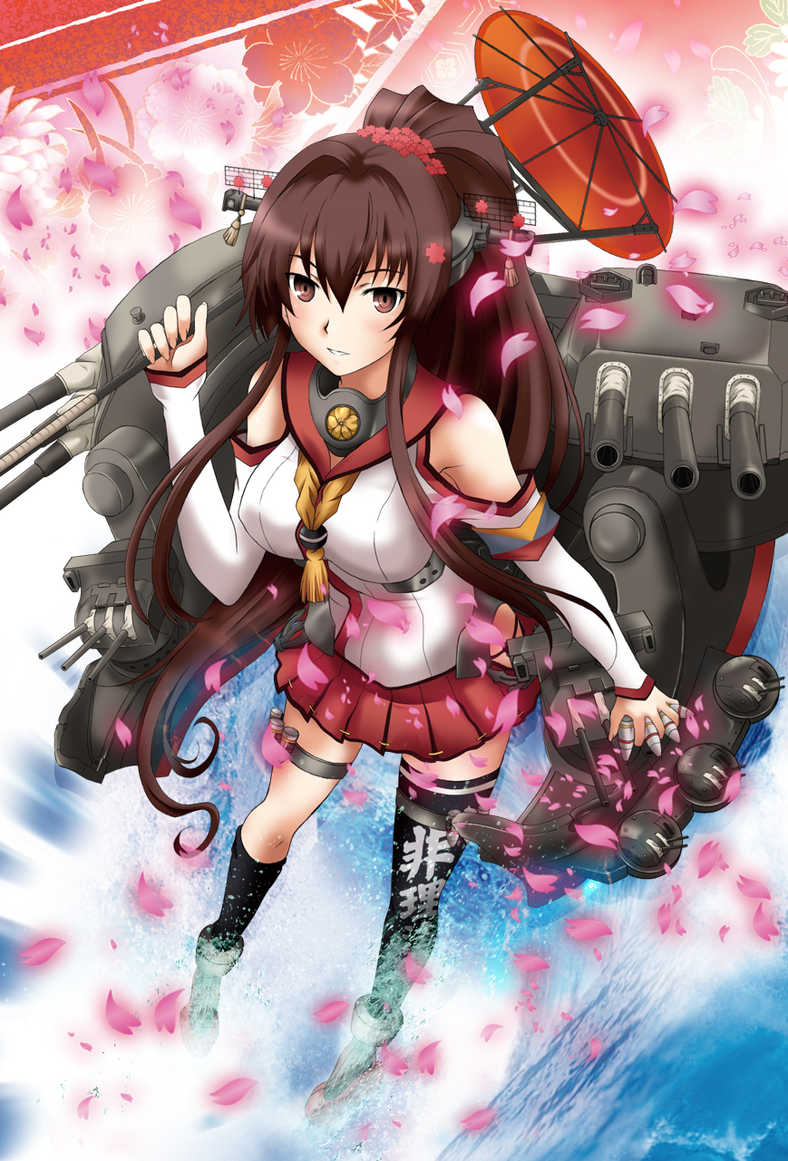 1girl breasts brown_hair cannon detached_sleeves flower hair_flower hair_ornament highres kagura_ittou kantai_collection long_hair oriental_umbrella petals ponytail red_eyes red_skirt single_sock single_thighhigh skirt socks solo thigh-highs umbrella yamato_(kantai_collection)