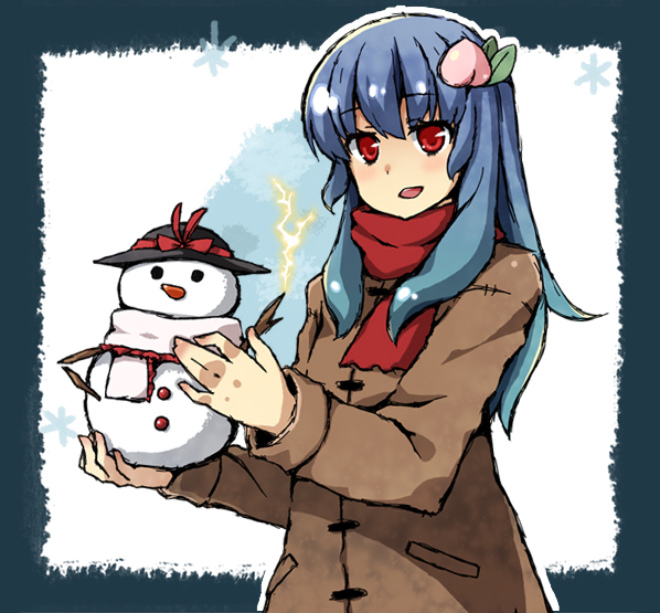 1girl blue_hair bow bust coat electricity food fruit hat hat_bow hinanawi_tenshi holding long_hair nagae_iku_(cosplay) no_hat open_mouth peach red_eyes scarf snowman solo suzuki_natsume touhou winter_clothes
