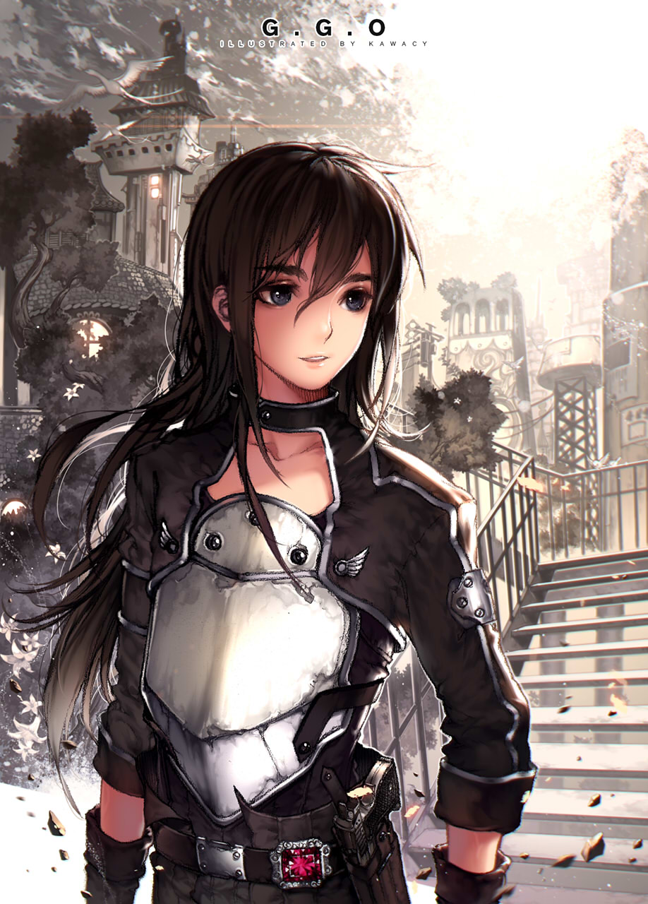 1boy black_eyes black_hair breastplate highres kawacy kirito kirito_(sao-ggo) long_hair realistic stairs sword_art_online trap