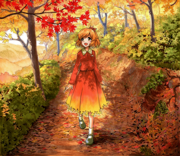 1girl aki_shizuha autumn autumn_leaves blonde_hair blush brown_eyes bush forest gradient_clothes hair_ornament happy hill leaf maple_leaf nature open_mouth path road scenery shiratama_(hockey) short_hair skirt skirt_set smile solo touhou tree walking