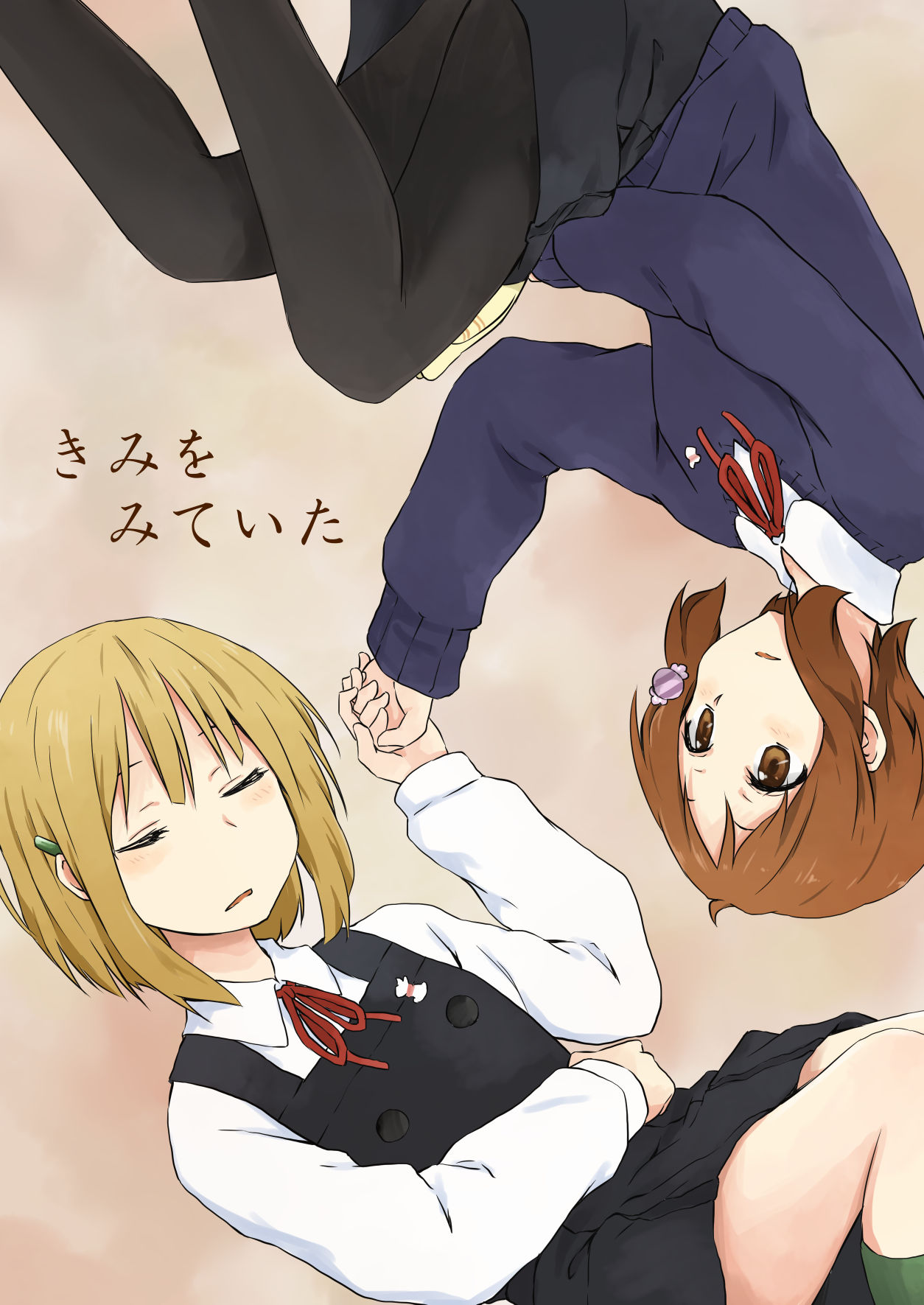 2girls blonde_hair brown_eyes brown_hair candy_wrapper closed_eyes highres holding_hands kagiana makino_kanna multiple_girls school_uniform short_hair sweater tamako_market tokiwa_midori upside-down