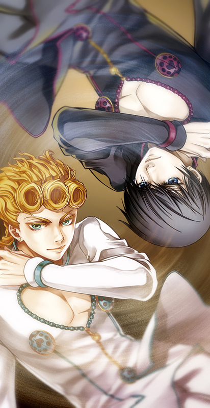 2boys black_hair blonde_hair curly_hair dual_persona giorno_giovanna jojo_no_kimyou_na_bouken multiple_boys poulp