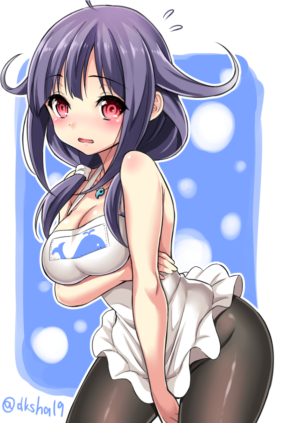 1girl ahoge apron kantai_collection kase_daiki long_hair low_twintails naked_apron open_mouth pantyhose purple_hair red_eyes solo taigei_(kantai_collection) twintails