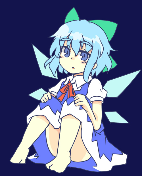 1girl barefoot blue_background blue_eyes blue_hair blush bow cirno collared_shirt convenient_leg dress eyebrows hair_bow ice ice_wings looking_at_viewer no_panties open_mouth s_katsuo short_hair sitting solo thick_eyebrows touhou upskirt wings