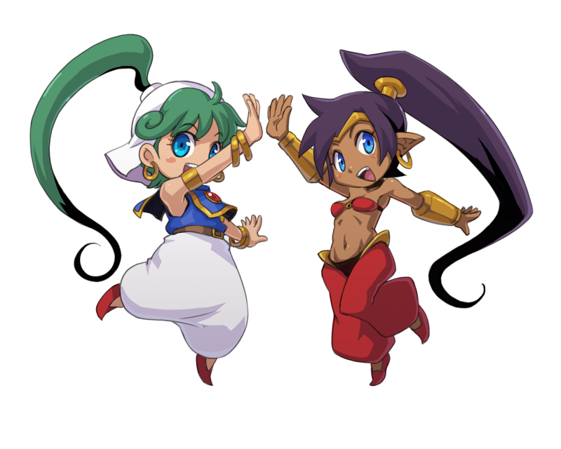 2girls ahoge asha_(monster_world) blue_eyes blush_stickers bracelet chibi choker commentary_request crossover dark_skin earrings green_hair high_five jewelry long_hair looking_at_viewer monster_world monster_world_iv multiple_girls navel open_mouth pointy_ears ponytail purple_hair shantae shantae:_half-genie_hero shantae_(character) simple_background smile stupa13a white_background