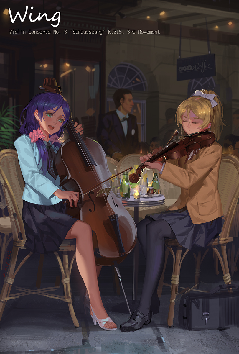 2girls alphonse_(white_datura) ayase_eli blonde_hair cello green_eyes highres instrument long_hair love_live!_school_idol_project multiple_girls musical_instrument pantyhose ponytail purple_hair revision short_hair sitting toujou_nozomi violin waiter