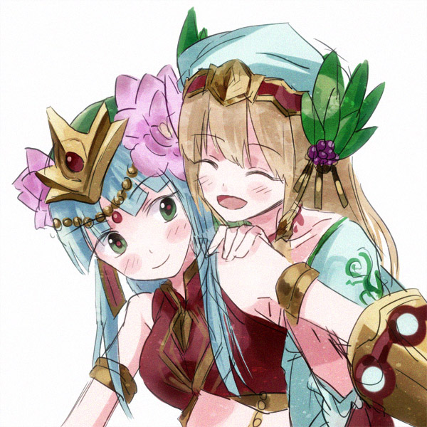 2girls armlet bare_shoulders beads berries blonde_hair blue_hair blush circlet closed_eyes flower freyja_(p&amp;d) green_eyes hair_flower hair_ornament hand_on_another's_shoulder hat jewelry leaf long_hair looking_at_another lotus midriff multiple_girls open_mouth parvati_(p&amp;d) puffy_short_sleeves puffy_sleeves puzzle_&amp;_dragons short_sleeves simple_background smile toki_(241759) white_background