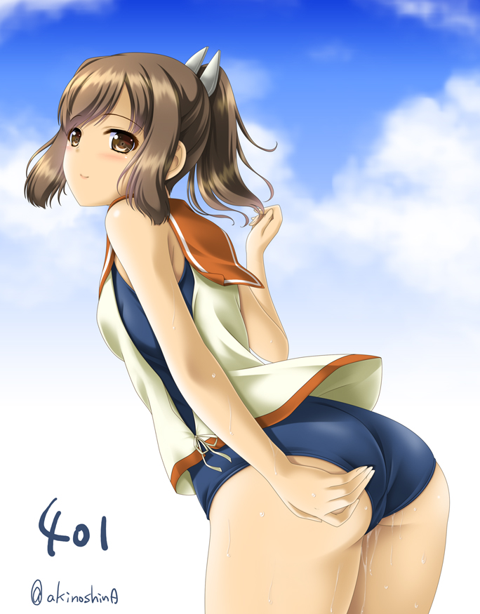 1girl akino_shin ass blush brown_eyes brown_hair character_name clouds cowboy_shot from_behind i-401_(kantai_collection) kantai_collection looking_back ponytail sailor_collar school_uniform short_hair sky solo swimsuit swimsuit_under_clothes twitter_username wet