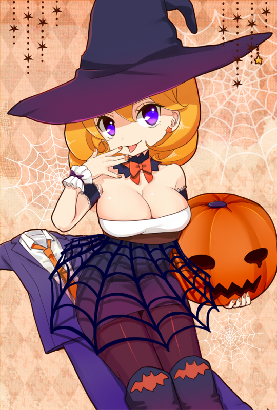 1girl bat blonde_hair boots bowtie breasts cleavage formal halloween hat jack-o'-lantern large_breasts looking_at_viewer mikeseneko nail_polish necktie original pantyhose silk skirt solo spider_web star suit tongue violet_eyes witch witch_hat