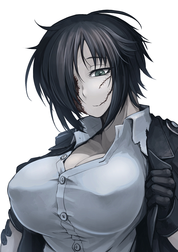 1girl black_hair breasts buttons cleavage collared_shirt dress_shirt gloves green_eyes hair_over_one_eye hetza_(hellshock) jacket large_breasts messy_hair nagai_gojitsudan_no_nechronica open_clothes open_jacket scar shirt short_hair simple_background solo white_background