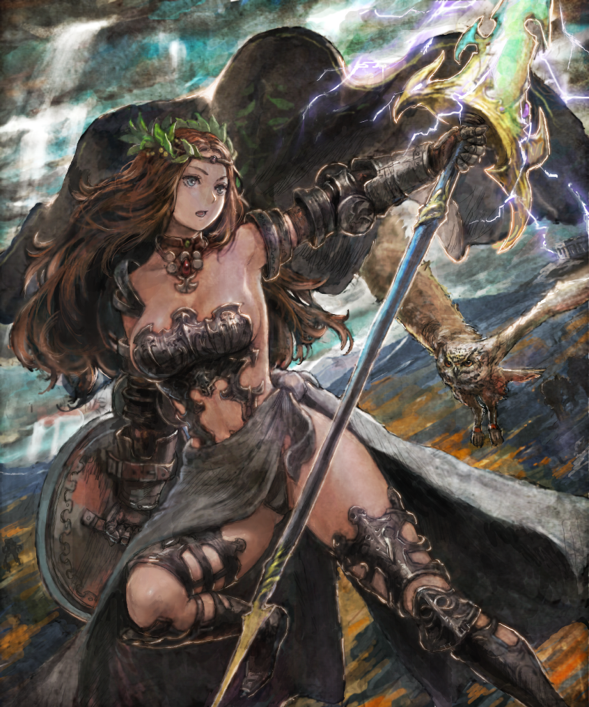 1girl arm_up armor armpits athena_(mythology) bare_shoulders bird blue_eyes boots breastplate breasts brown_hair cape choker cleavage gauntlets goddess greek_mythology hair_ornament head_wreath iwanai_tomoeju lance long_hair mythology open_mouth original owl polearm shield skirt solo thigh-highs thigh_boots weapon