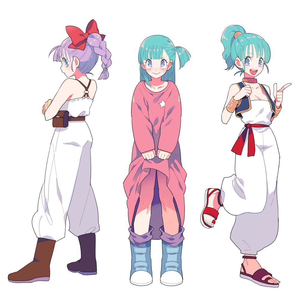 1girl boots bracelet braid breasts bulma choker cleavage costume_chart crossed_arms dragon_ball dress gum_(gmng) jewelry looking_back open_mouth pointing ponytail purple_hair sandals side_ponytail simple_background skirt_hold smile standing_on_one_leg violet_eyes white_background